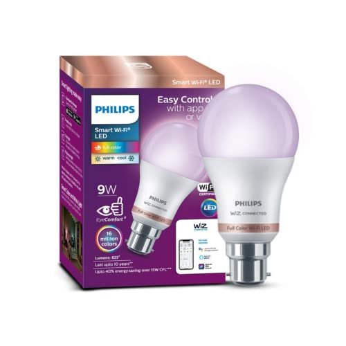 Philips Wiz Wi-Fi Enabled B22 9-Watt LED Smart Bulb, Compatible Philips Wiz Wi-Fi Enabled B22 9-Watt LED Smart Bulb, Compatible with Amazon Alexa and Google Assistant(16M Colours +Shades of White + Dimmable + Tunable),Pack of 1