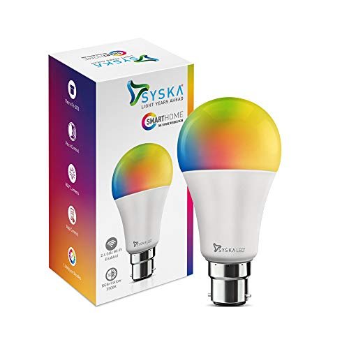 Syska SMW-9W-5C 9-Watt B-22 Wi-Fi Enabled Smart LED Bulb Compatible Syska SMW-9W-5C 9-Watt B-22 Wi-Fi Enabled Smart LED Bulb Compatible with Amazon Alexa and Google Assistant (16 Million Colors with Warm White/Neutral White/ Natural White)