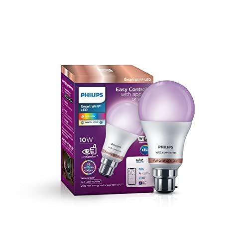 PHILIPS Wiz Smart WI-Fi LED Bulb B22 10-Watt,16 Million Colors, PHILIPS Wiz Smart WI-Fi LED Bulb B22 10-Watt,16 Million Colors, Compatible with Amazon Alexa and Google Assistant- (Pack of 1)