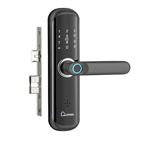 LAVNA Smart Door Lock LA28 with Bluetooth Mobile App, Fingerprint, LAVNA Smart Door Lock LA28 with Bluetooth Mobile App, Fingerprint, PIN, OTP, RFID Card and Manual Key Access for Wooden Doors (Black) Polished Finish