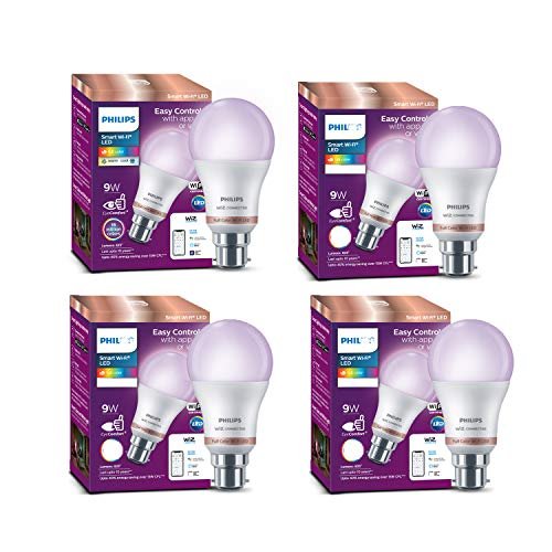 Philips Wiz Wi-Fi Enabled B22 9-Watt LED Smart Bulb, Compatible Philips Wiz Wi-Fi Enabled B22 9-Watt LED Smart Bulb, Compatible with Amazon Alexa and Google Assistant(16M Colours +Shades of White + Dimmable + Tunable),Pack of 4