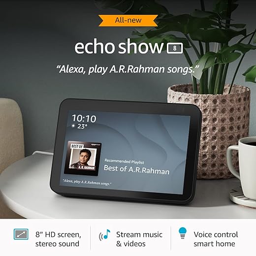 Echo Show 8 (2nd Gen, 2021 release)- Smart speaker with 8" HD screen, stereo sound & hands-free entertainment with Alexa (Black)