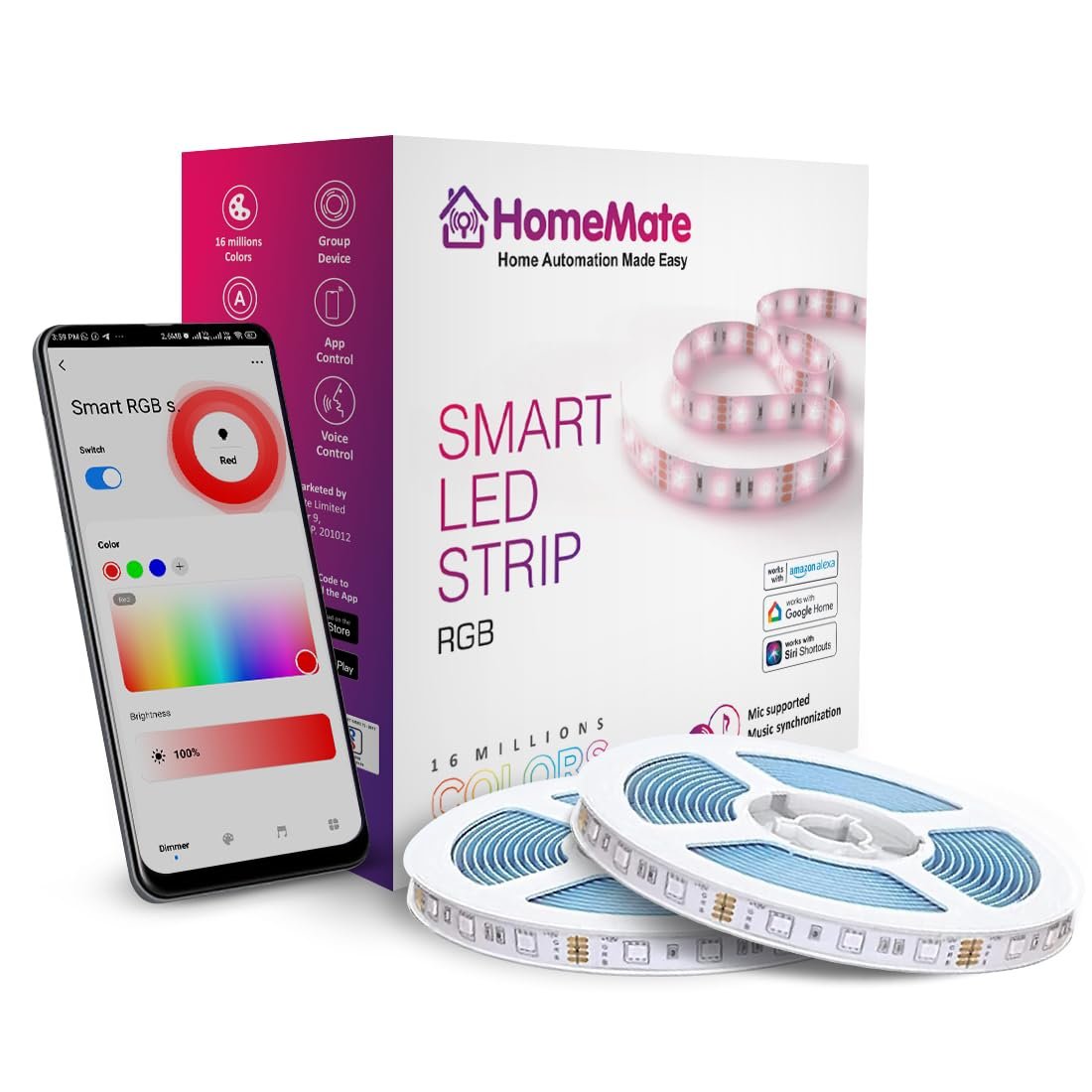 HomeMate Wi-Fi Multicolour Smart LED Strip Kit | 10 Meters | Music Sync Feature | No Hub Required | Works with Amazon Alexa, Google Home & Siri (RGB 10 Meter Kit with Built-in Mic Controller)