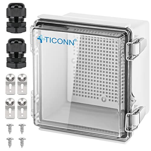 TICONN Waterproof Electrical Junction Box IP67 ABS Plastic Enclosure with Hinged Cover with Mounting Plate, Wall Brackets, Cable Glands (Clear, 5.9