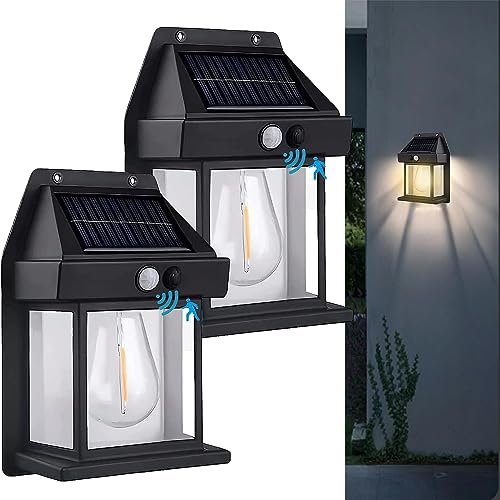 HKV Solar Wall Lights Outdoor, Wireless Dusk to Dawn Porch HKV Solar Wall Lights Outdoor, Wireless Dusk to Dawn Porch Lights Fixture, Solar Wall Lantern with 3 Modes & Motion Sensor, Waterproof Exterior Lighting with Clear Panel for Entryway Front Door