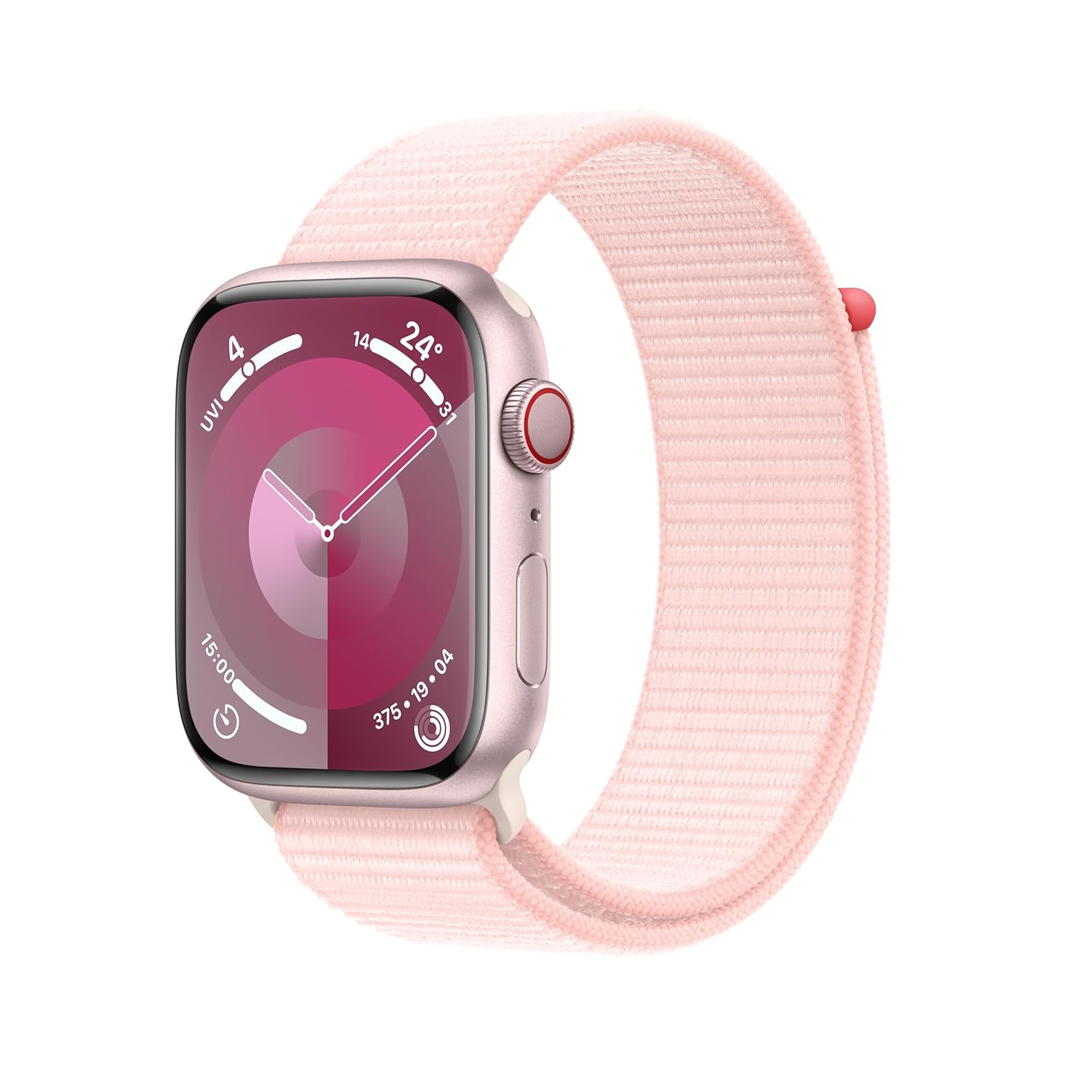 Apple Watch Series 9 [GPS + Cellular 45mm] Smartwatch with Pink Aluminum Case with Light Pink Sport Loop One Size. Fitness Tracker, Blood Oxygen & ECG Apps, Always-On Retina Display, Water Resistant