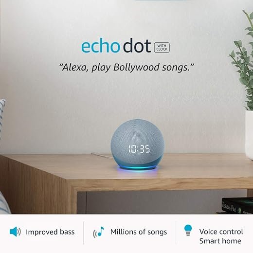 Echo Dot (4th Gen, 2020 release) with clock | Next generation smart speaker with powerful bass, LED display and Alexa (Blue)