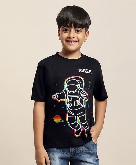 Kidsville Nasa Theme Half Sleeves Astronaut Printed Tee - Black