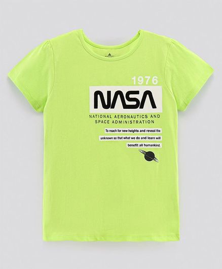 Pine Kids Half Sleeves Biowashed NASA Collection T-Shirt Text Print - Green