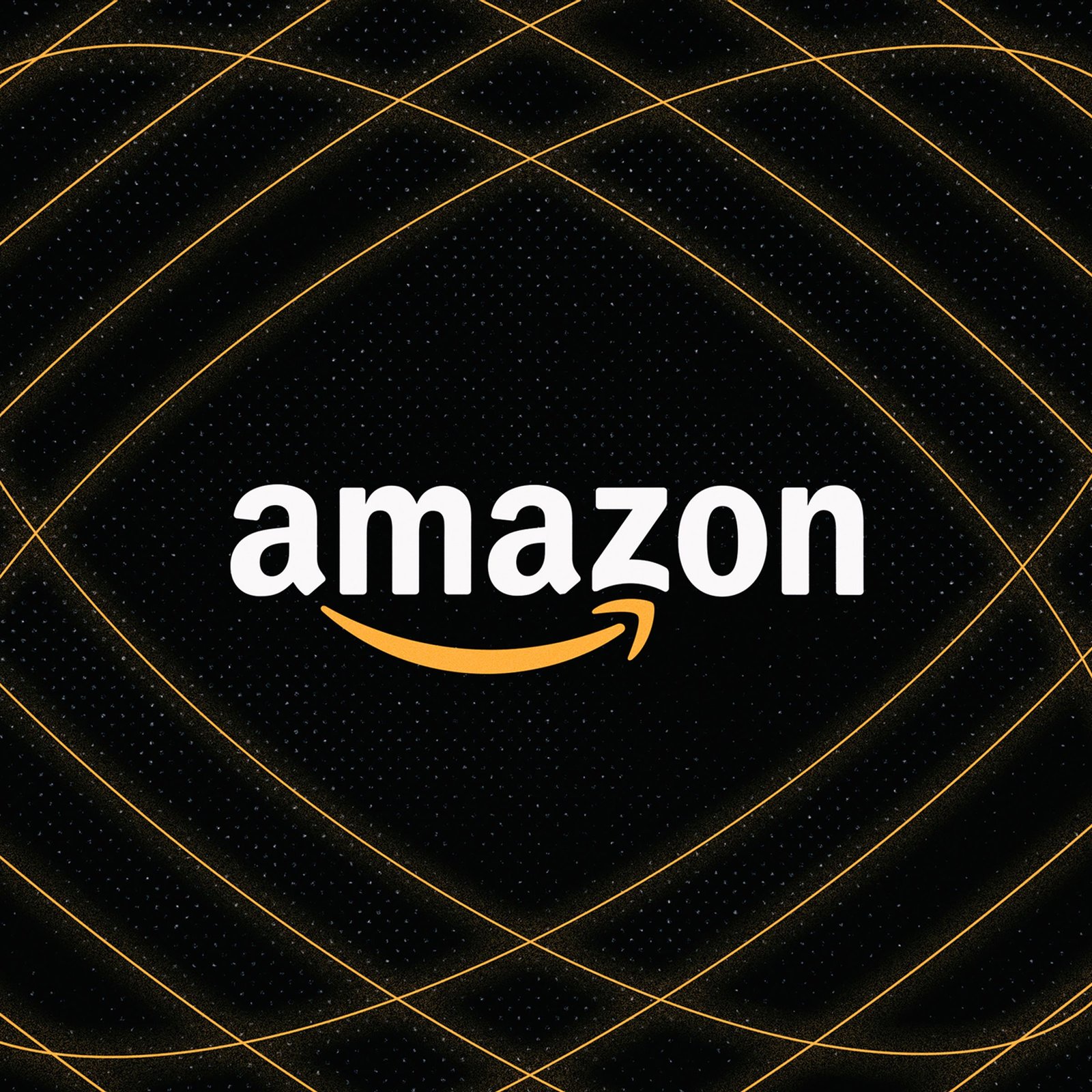 The Amazon logo over a black background with orange lines