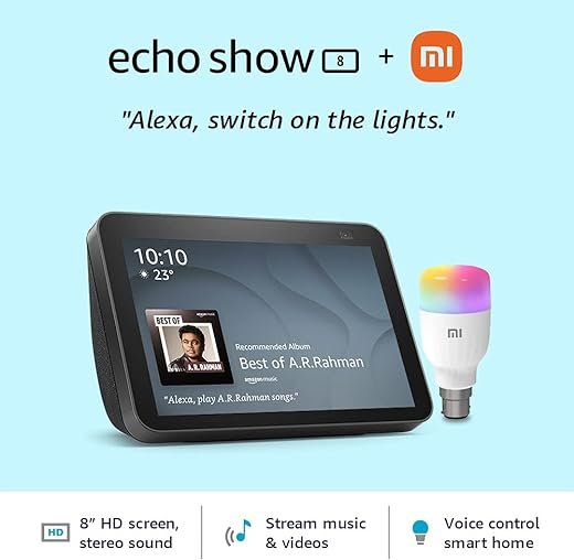 All new Echo Show 8 (2nd Gen, Black) Combo with Mi LED smart color bulb