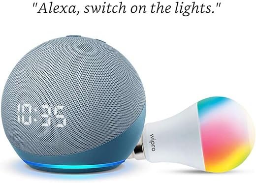 Echo Dot (4th Gen, Blue) with clock Combo with Wipro 12W LED Smart Color Bulb