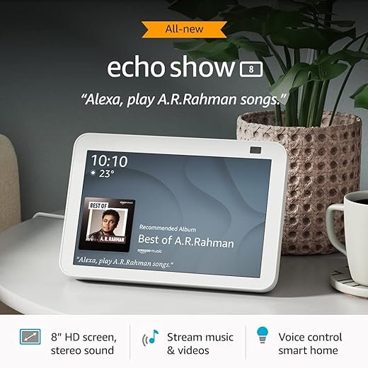 Echo Show 8 (2nd Gen) - Smart speaker with 8" HD screen, stereo sound & hands-free entertainment with Alexa (White)