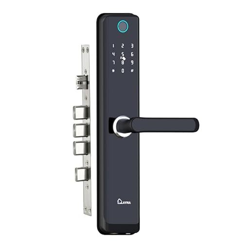 LAVNA LA24 Smart Door Lock with Bluetooth Mobile App, Fingerprint, LAVNA LA24 Smart Door Lock with Bluetooth Mobile App, Fingerprint, RFID Card, PIN, OTP and Manual Key Access for Wooden Doors (Black)