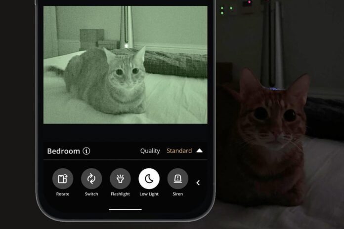Give Your Old iPhone or Android a Second Life as The Alfred app showing a night vision image of a cat on a bed.