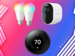 Sengle LED bulb, Arlo security camera and Google Nest Learning thermometer on CNET July 4th background
