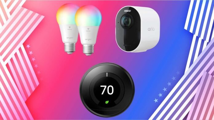 July 4th Smart Home Deals Still Going Strong: Save on Sengle LED bulb, Arlo security camera and Google Nest Learning thermometer on CNET July 4th background