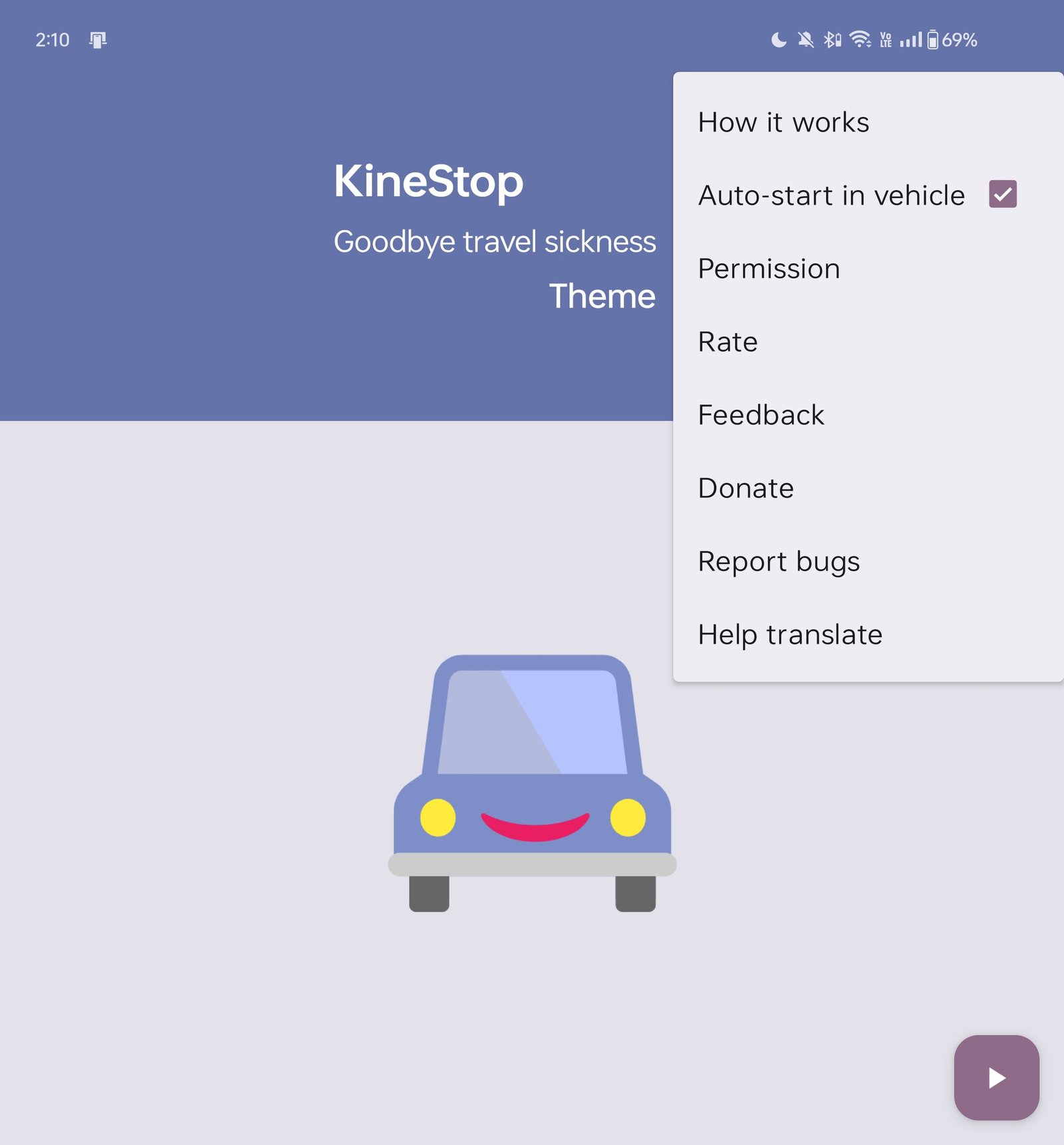 KineStop settings menu