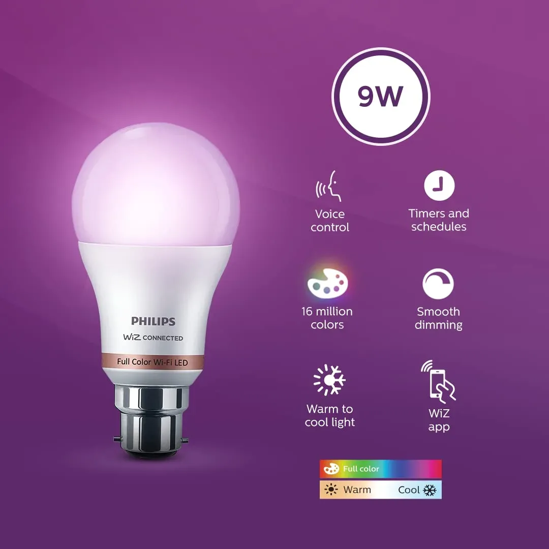 9W Philips WiZ Smart WIFI LED Bulb B22 (16M Colours + CCT + Dimmable)