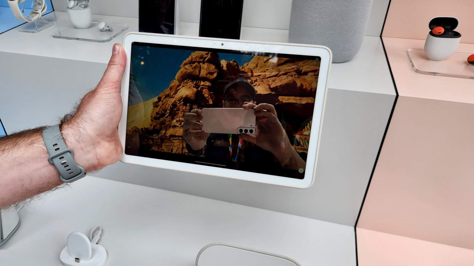 OnePlus Pad 2 vs. Google Pixel Tablet: Which one is your new pill? 6 Google Pixel Tablet held in hand, showing the 3D background feature in Google Meet