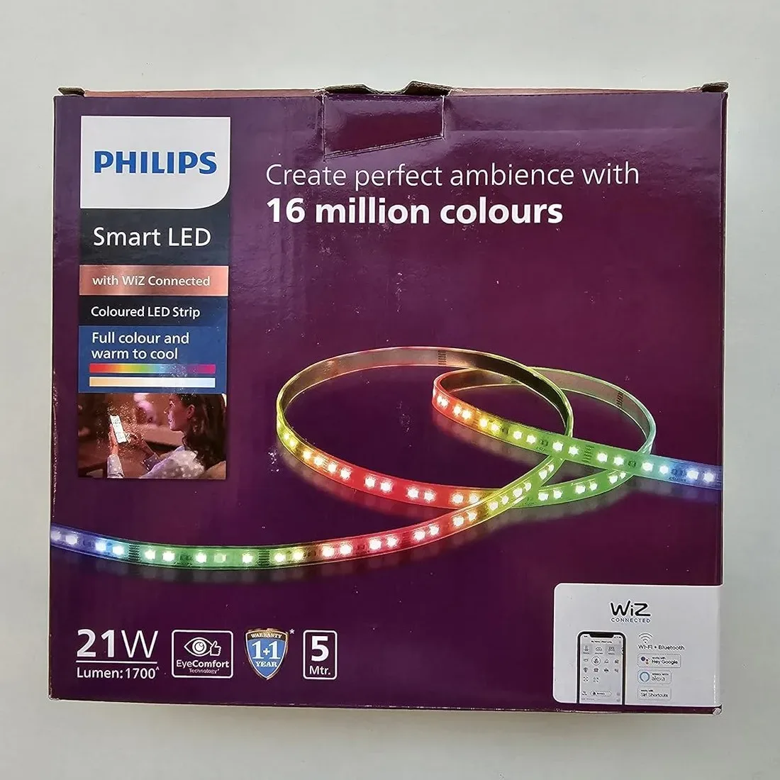 Philips WiZ Smart WIFI RGB LED Strip 21W with Driver and Controller – 90 LEDs/m, 5m (16M Colours + Tunable White + Dimmable)