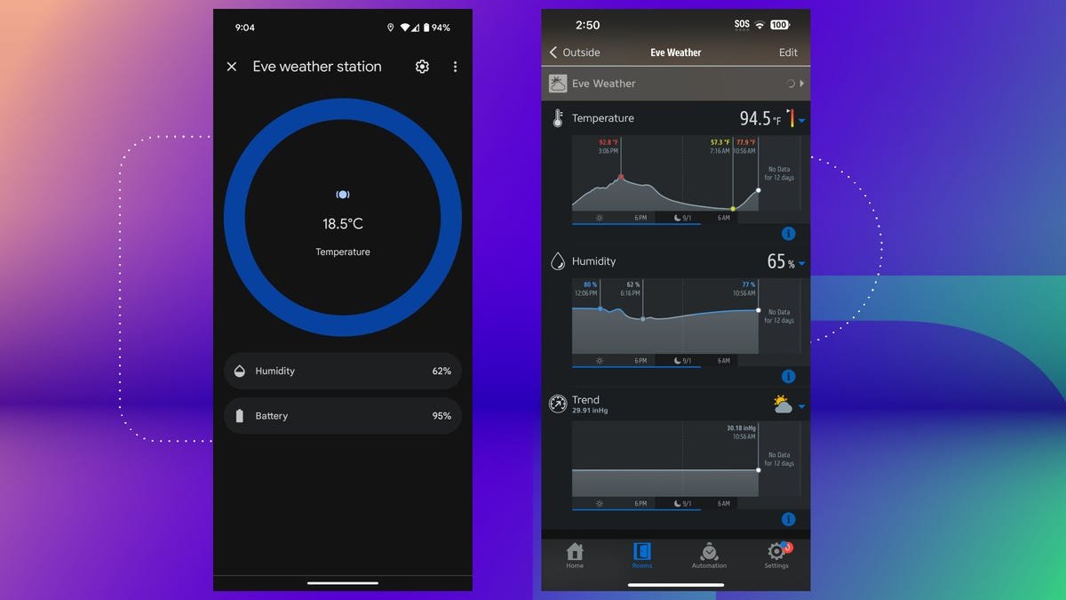 The Eve Weather device screenshots of the Google Home app connected via Matter and the Eve app.