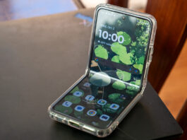 A Motorola Razr Plus 2024 in flex mode on a table