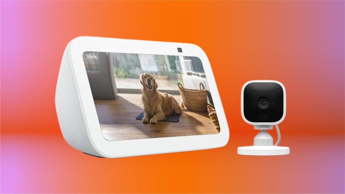 Amazon Echo Show and Blink Mini camera on red gradient background