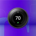 Google Nest Learning Thermostat on blue CNET background