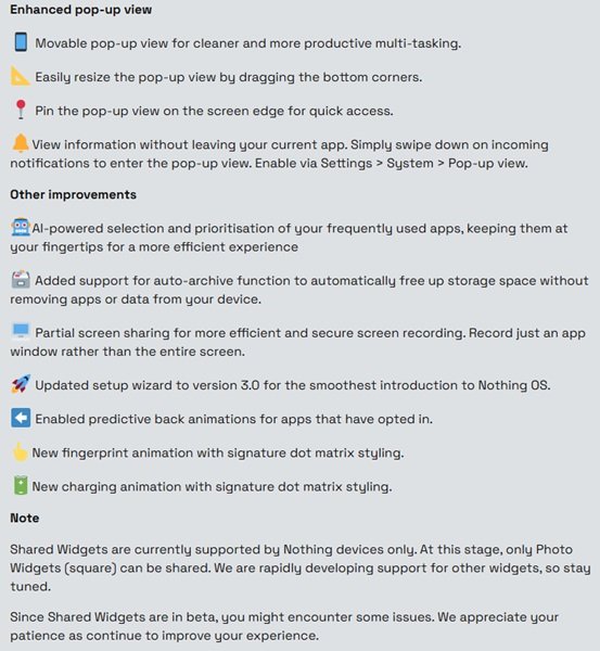 Nothing is ready for Phone 2 users to start its The changelog for the Nothing Phone 2's Android 15 open beta.