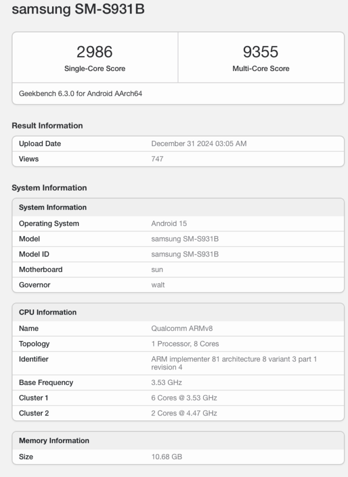 The Geekbench 6 scores for the Galaxy S25 Ultra.