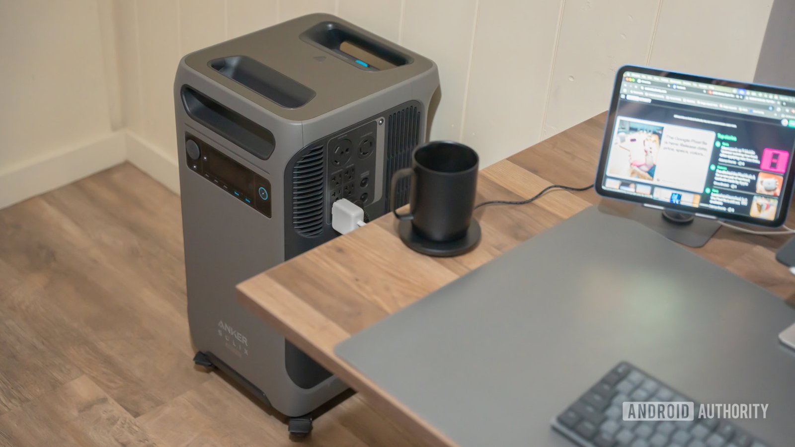 Anker SOLIX F3800 Plus next to desk, powering electronics 1