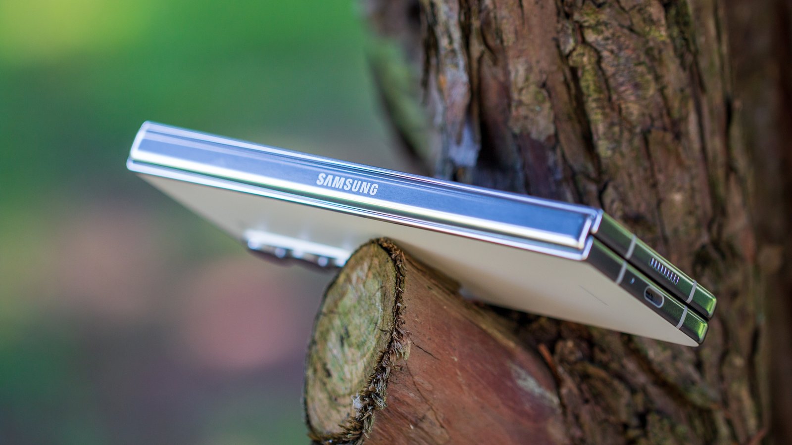 Folded Samsung Galaxy Z Fold 5 in tree