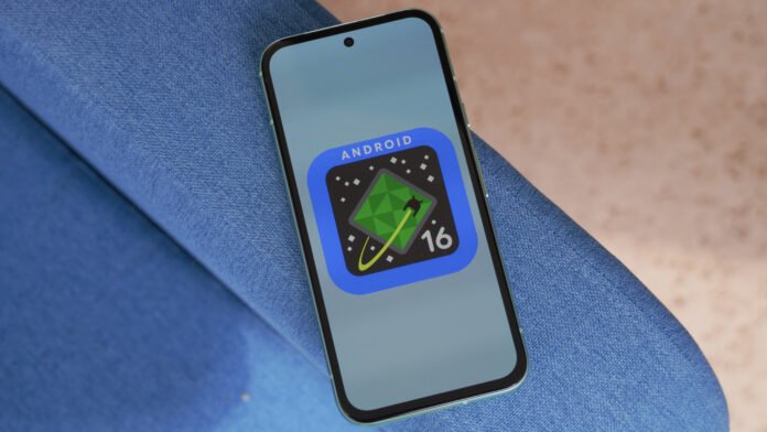 Android 16 QPR1 Beta 1.1 is here to squash a The Android 16 logo on a Google Pixel 8a outdoors.