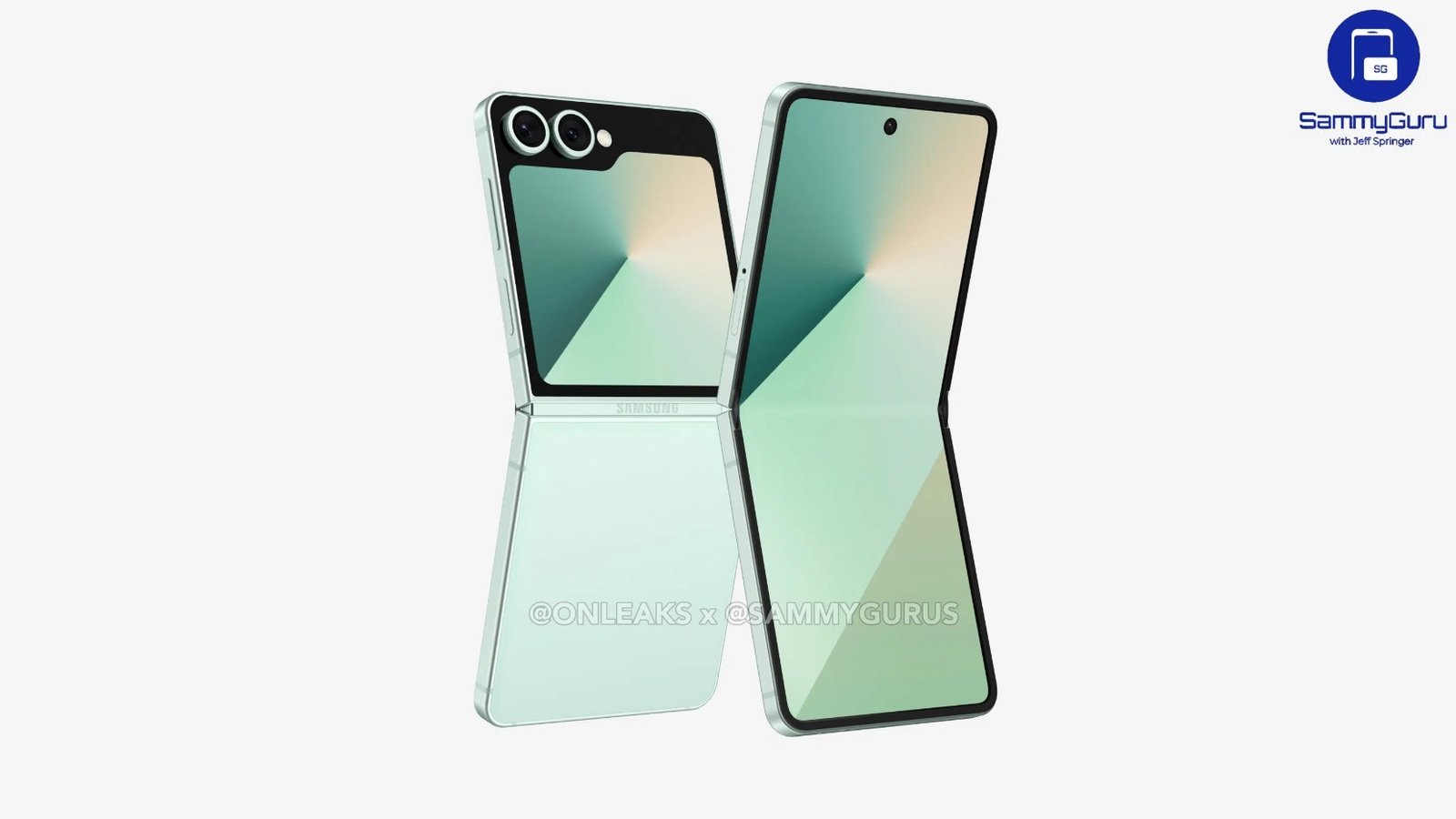 A leaked look at a minty green Galaxy Z Flip 7 FE with a slight bend, showing off its alleged 3.4-inch cover screen.