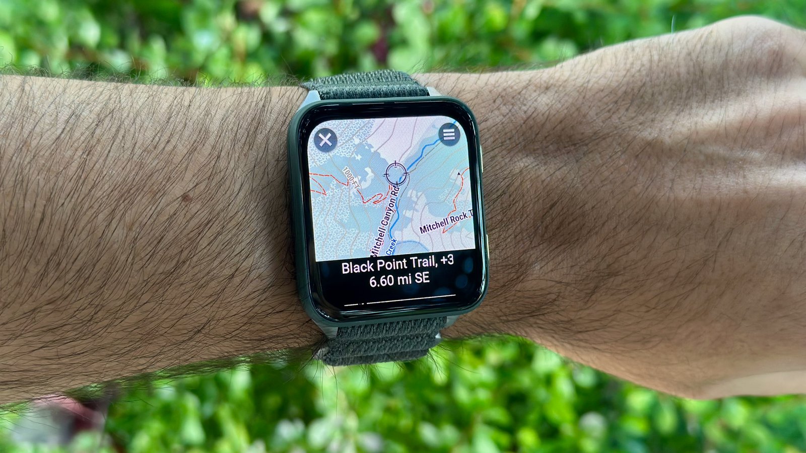 The Garmin Venu X1 showing a course for Black Point Trail (6.6 miles).
