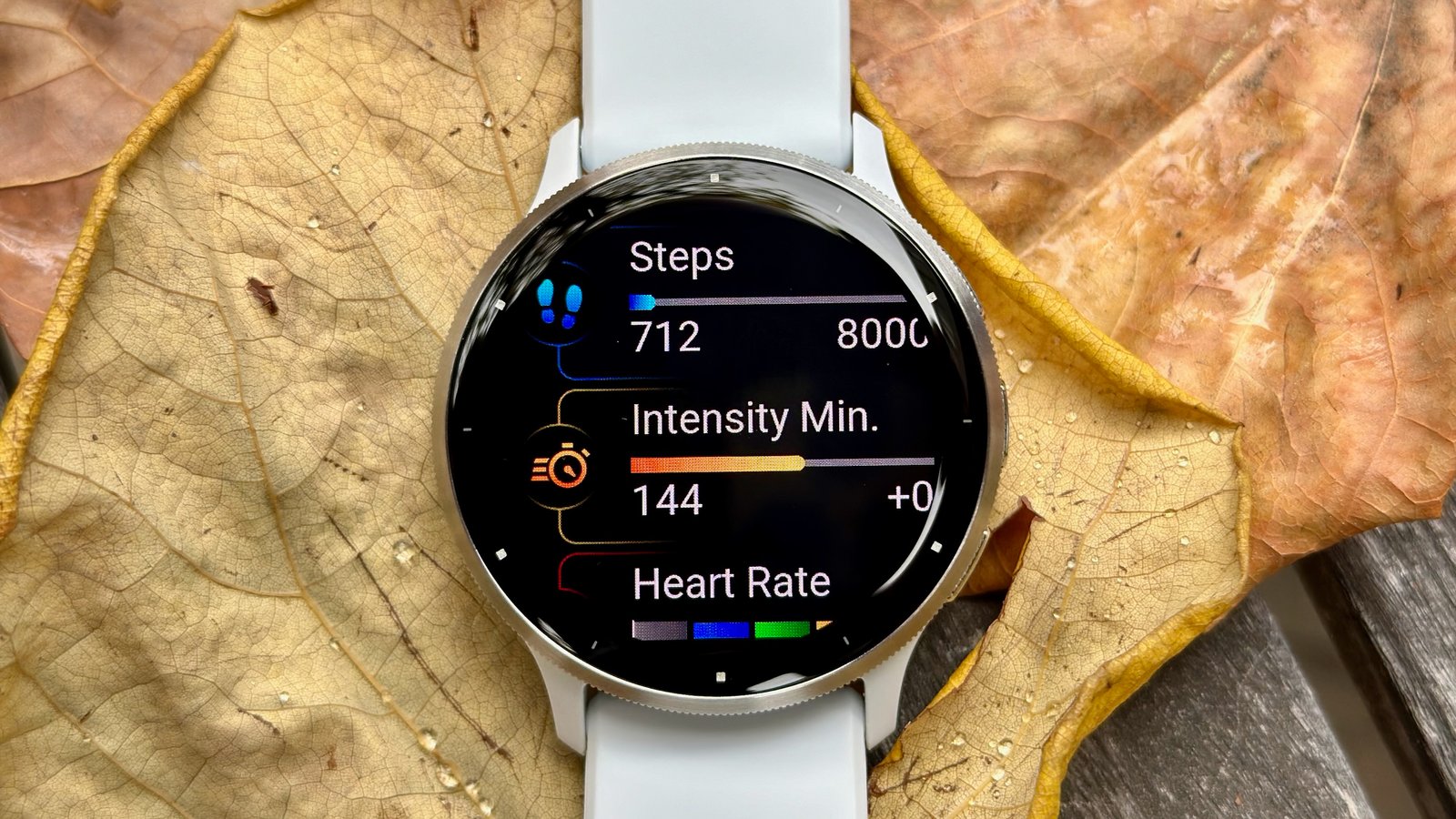 Widgets view on the Garmin Venu 3 showing steps, intensity minutes, and heart rate