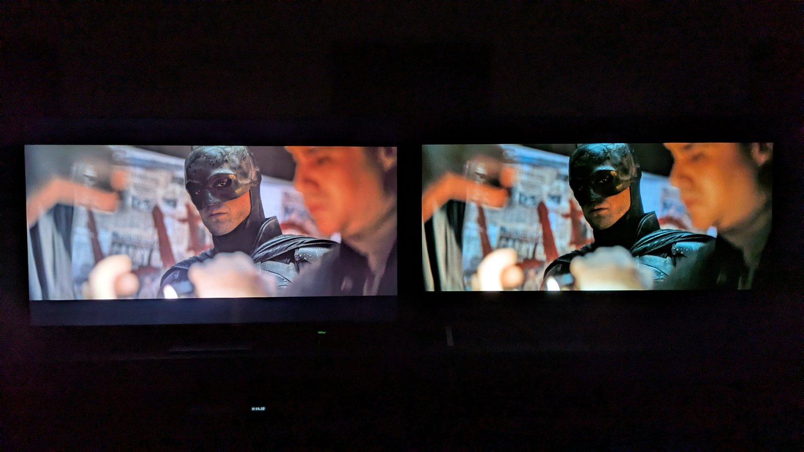 Samsung QN80F (left) and LG B5 (right) with Batman from The Batman on screen