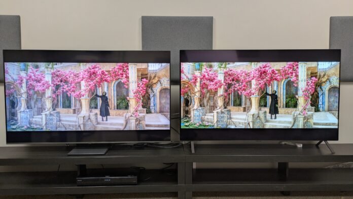 I tested LG's cheapest OLED TV and Samsung's more affordable Samsung QN80F (left) and LG B5 (right) showing Elphaba from Wicked on screen