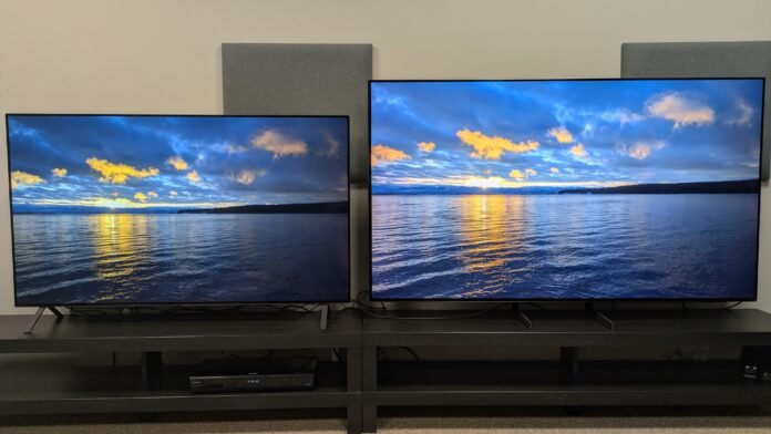 I tested Samsung and LG's cheapest OLED TVs side-by-side to LG B5 (left) and Samsung S85F (right) showing sunset over lake on screen