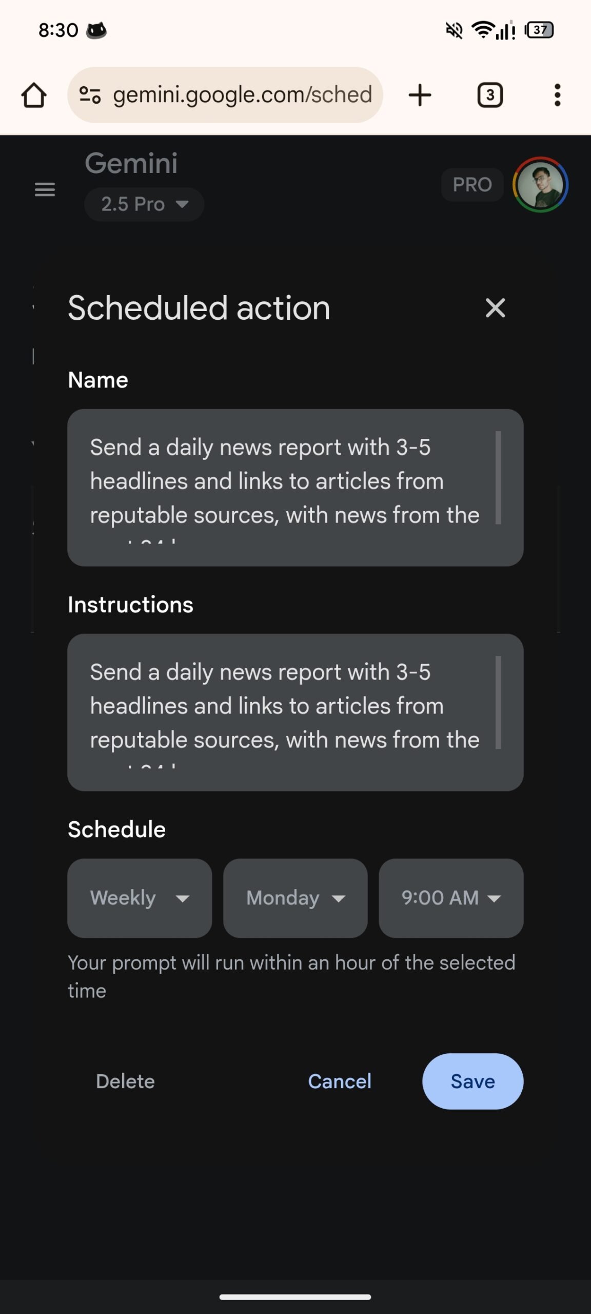 gemini scheduled actions web interface