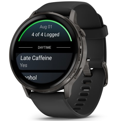 Render of the black 45mm Garmin Venu 4, the display showing Lifestyle logging menu with options like Late Caffeine and Alcohol.
