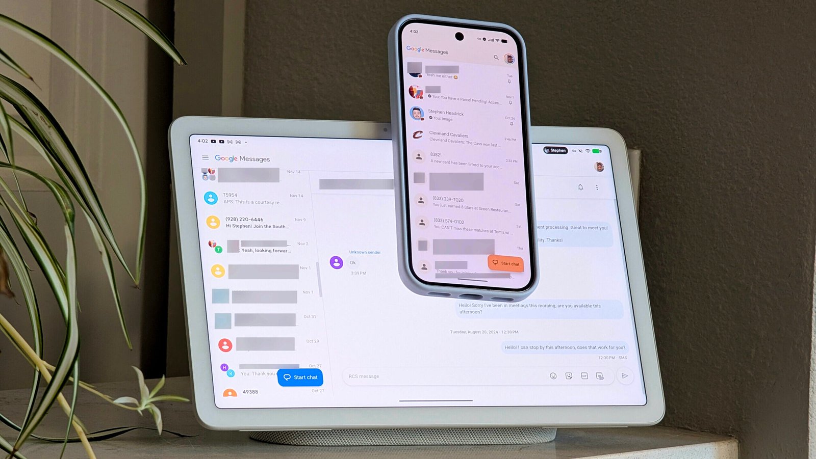 Pixel 10 Pro on Pixel Tablet, with both devices showing Google Messages on screen