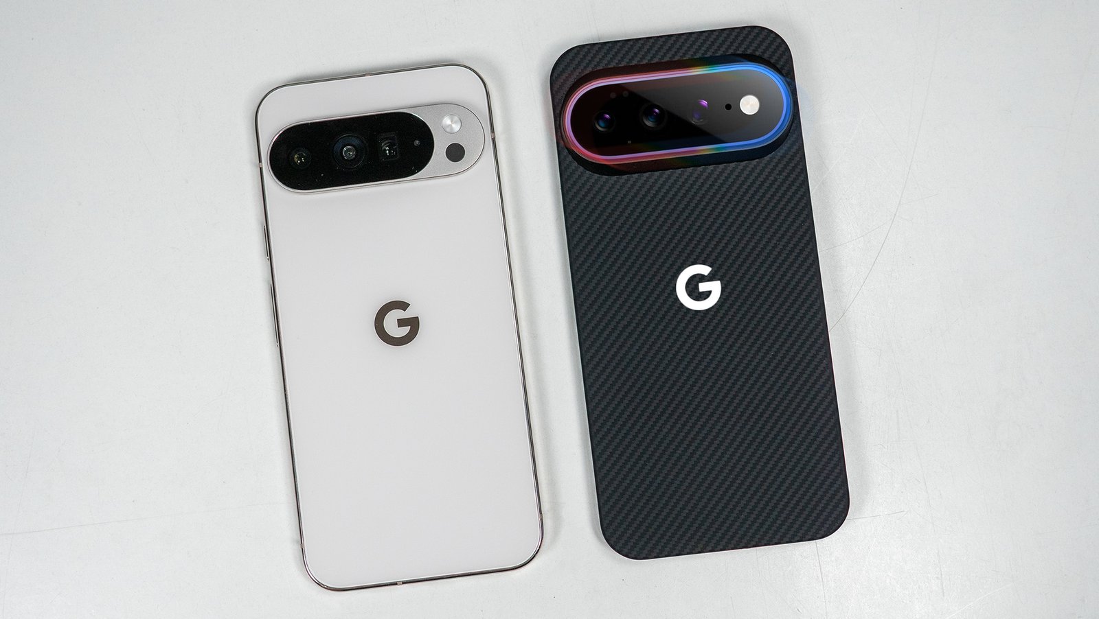 Google Pixel 11 Pro XL vs. Pixel 10 Pro XL 17 A white Google Pixel 10 Pro XL next to a mockup of a Google Pixel 11 Pro XL with a Thinborne case
