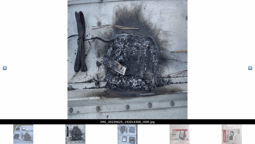 Pictures of a burned security camera battery.