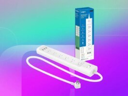A white power strip against a purple/green gradient CNET background.