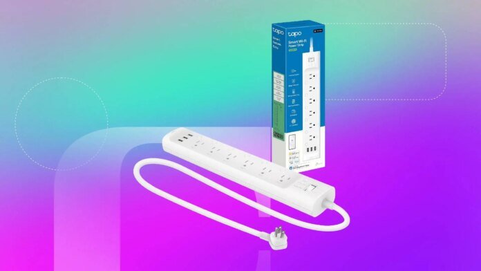 Make Your Home Smarter With 16% Off This Tapo Wi-Fi A white power strip against a purple/green gradient CNET background.