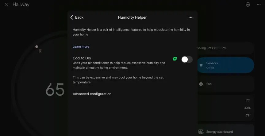Nest app shows the Humidity Helper setting.