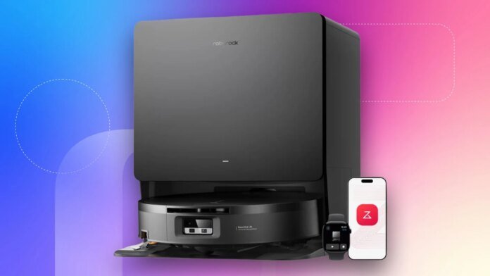 Save $200 on Roborock's Brand-New Robot Vac and Mop With Roborock Saros 20 Flow robot vacuum on blue and red background